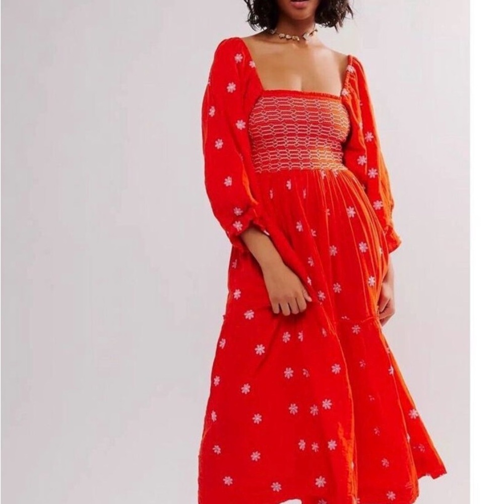 Free PeopleFree People Dahlia Embroidered Maxi Dress/ Red Floral Midi Dress